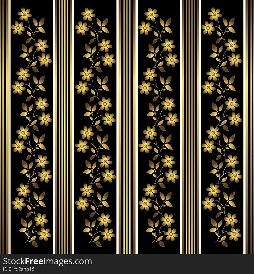 Black and gold floral pattern on striped background. Black and gold floral pattern on striped background.