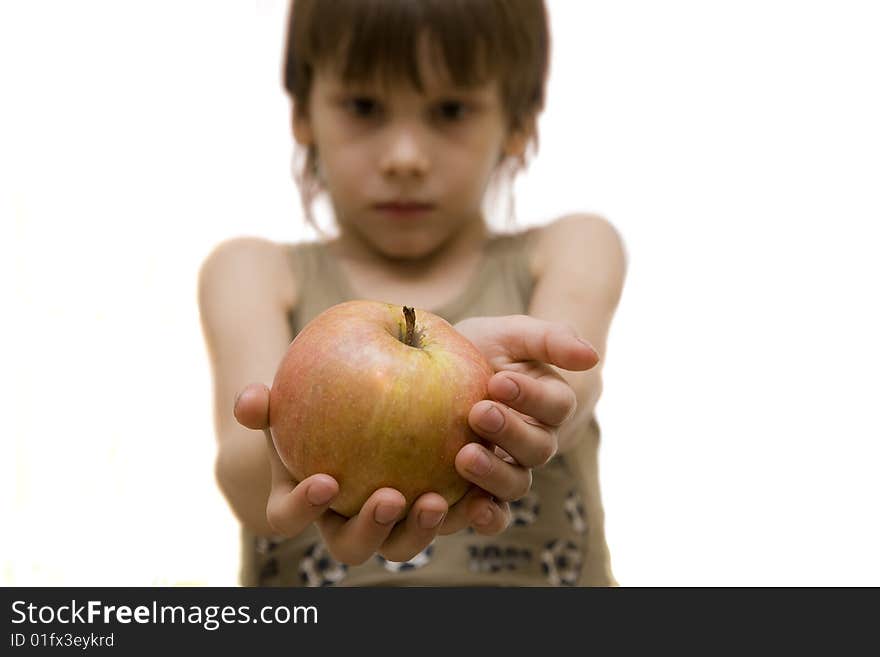 Young boy hold red apple in his hand. Young boy hold red apple in his hand