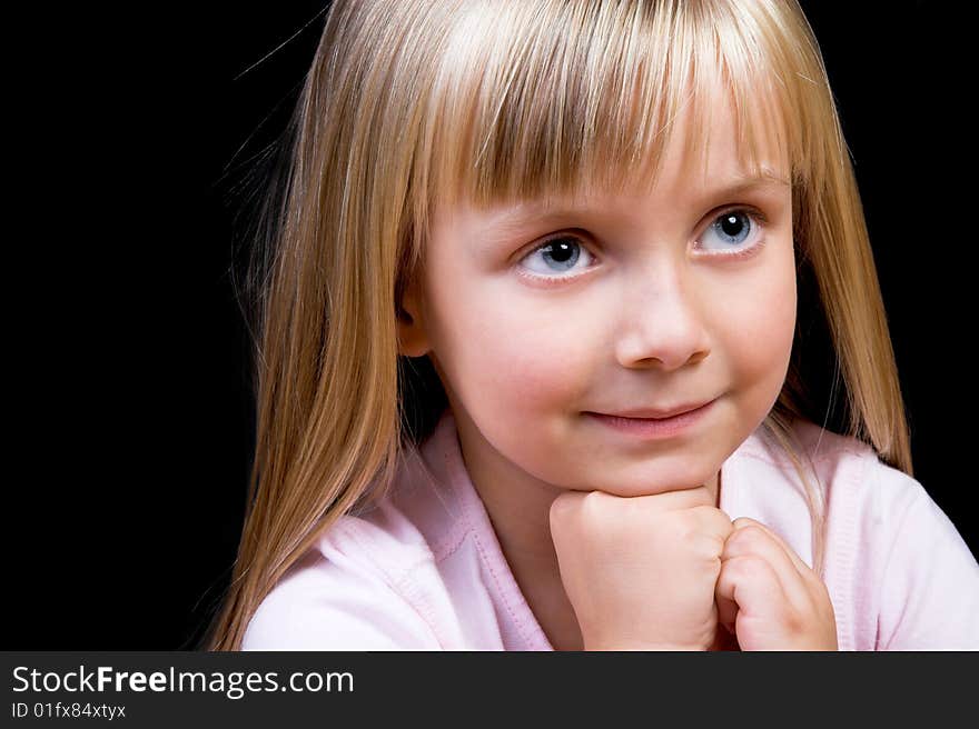 Blond Girl with big blue eyes on a black background