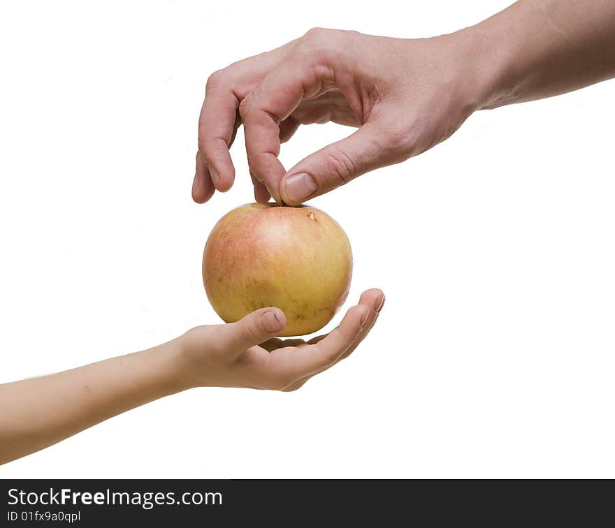 Giving and receiving hands and red apple. Giving and receiving hands and red apple