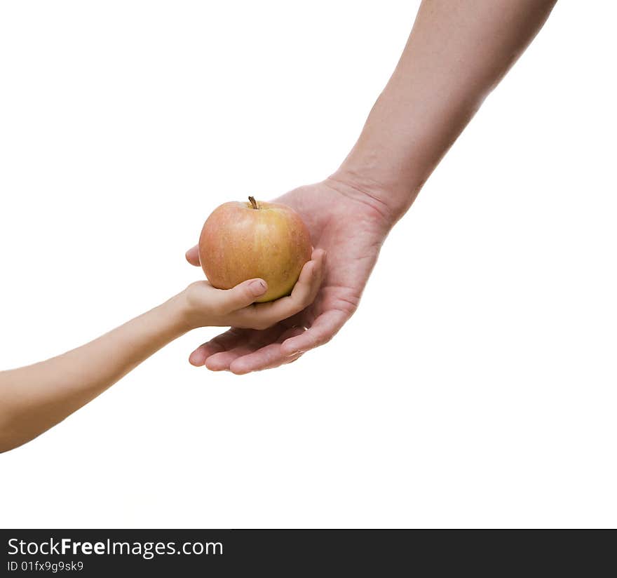 Father and son, giving and receiving hands and red apple. Father and son, giving and receiving hands and red apple