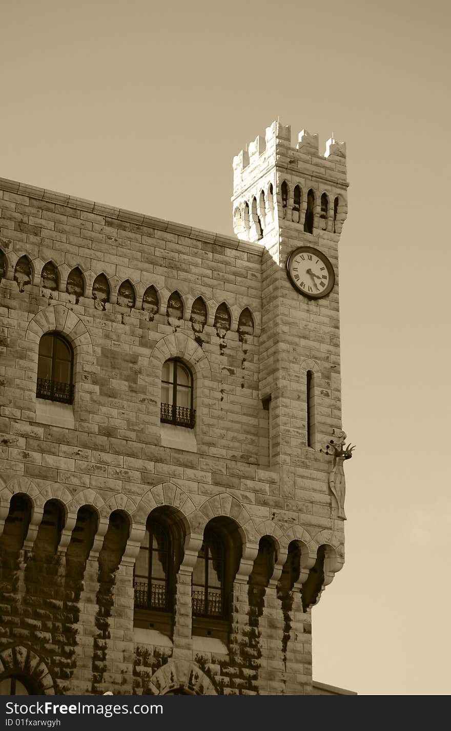 Detail of the Prince's Palace in Monte Carlo, Principality of Monaco, France; sepia. Detail of the Prince's Palace in Monte Carlo, Principality of Monaco, France; sepia.