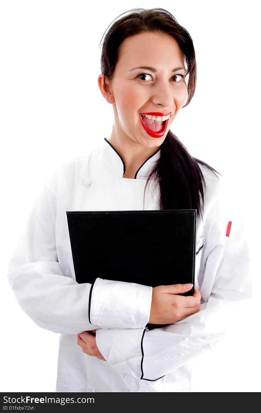 Female chef writing down the menu on an isolated white background