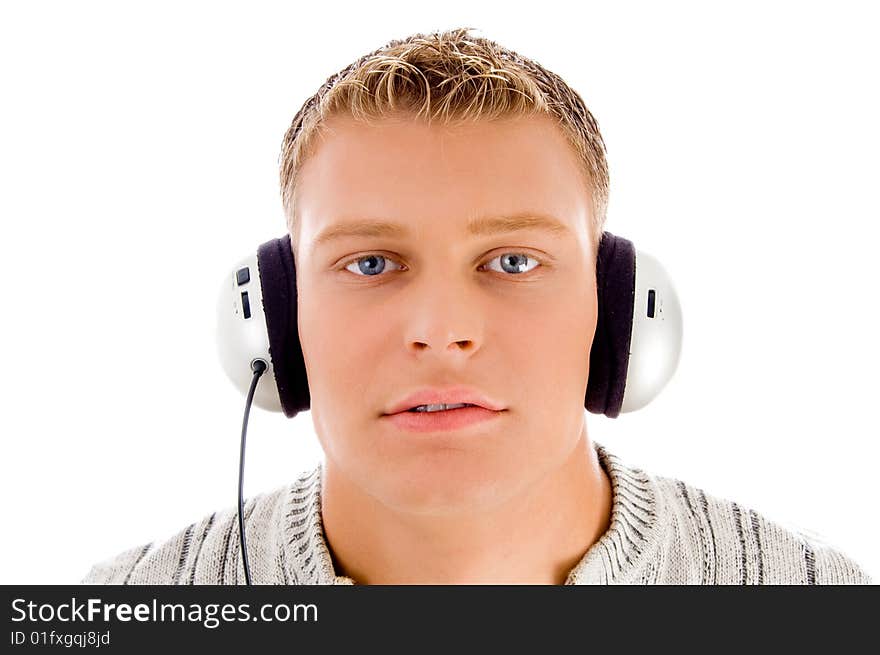 Face of man listening to music on an isolated background