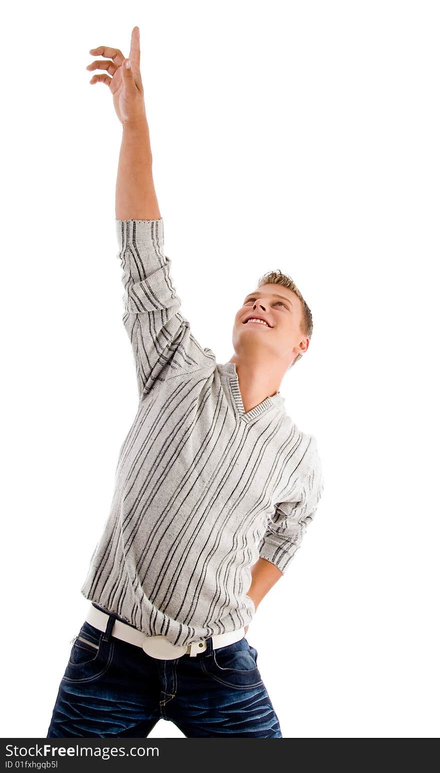 Casual male pointing upward on an isolated white background