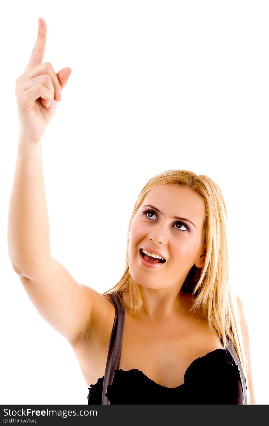 Front view of female pointing upward on an isolated background