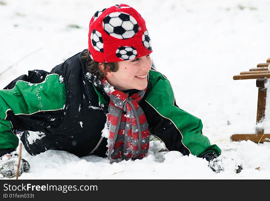 Closeup of laughing boy in the snow. Closeup of laughing boy in the snow