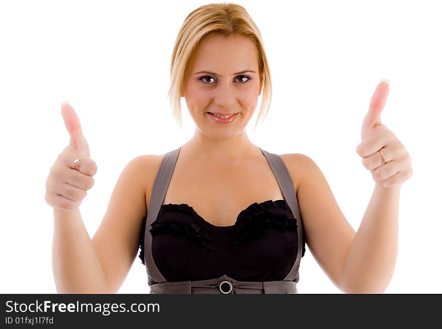 Female showing thumbs up on an isolated background