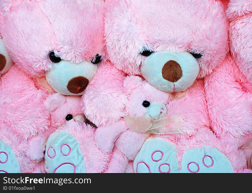 Pink bears behind window background. Pink bears behind window background