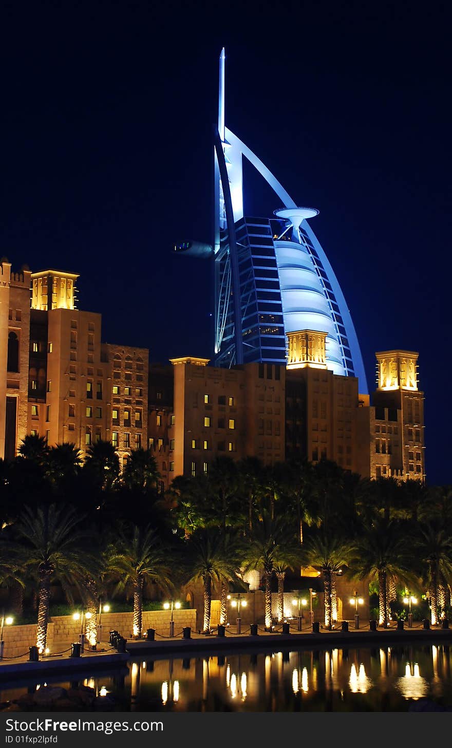 Burj Al Arab at night. View from Madinat Jumeirah.