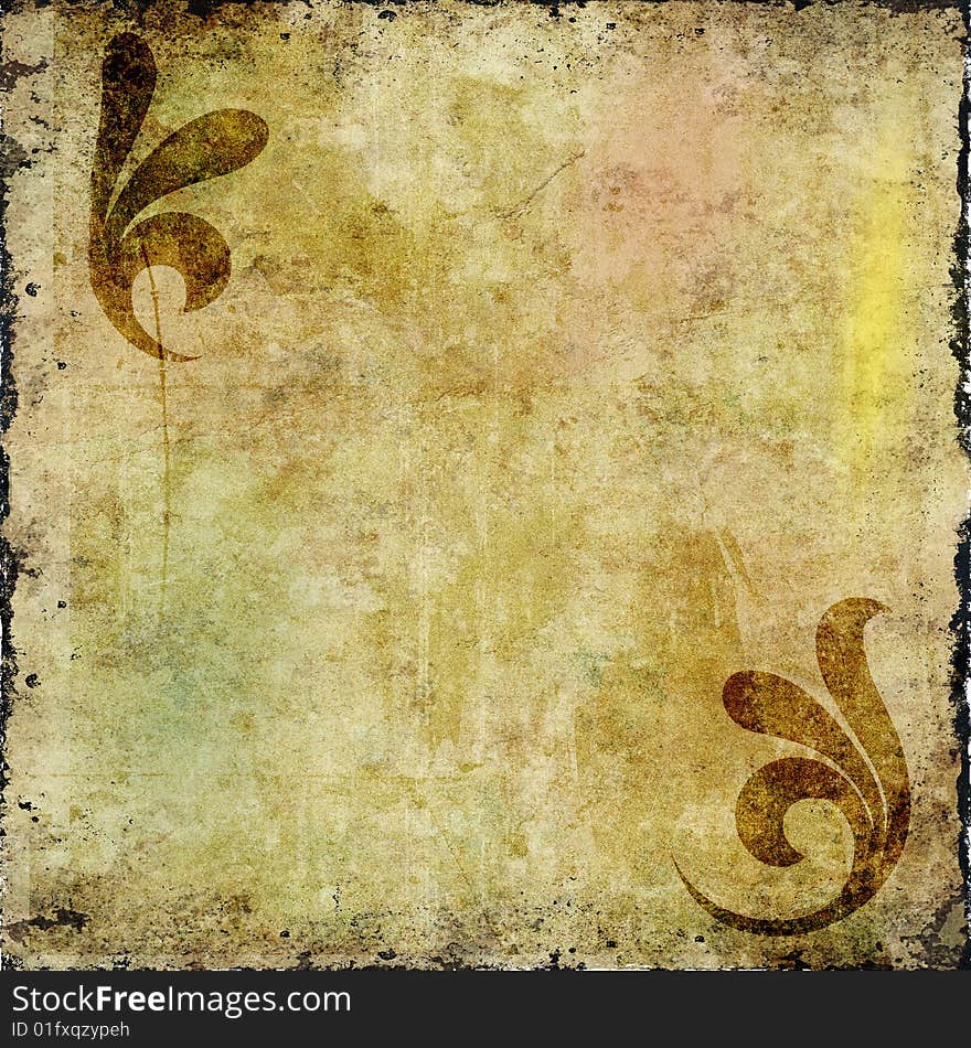 Abstract grunge background with floral, stains, cracks, filigree