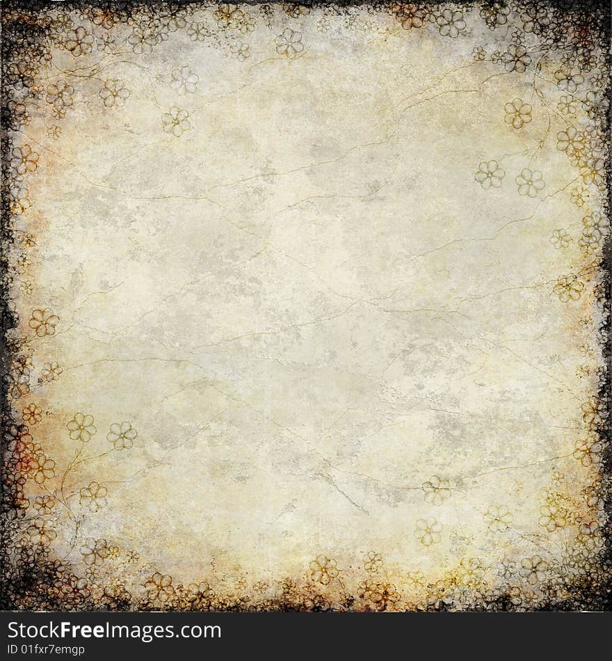 Abstract grunge background with floral, stains, cracks, filigree