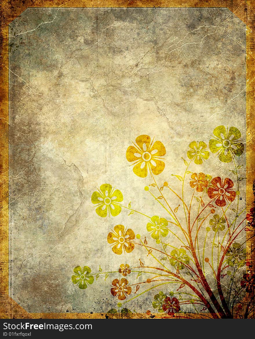 Abstract grunge background with floral, stains, cracks, filigree