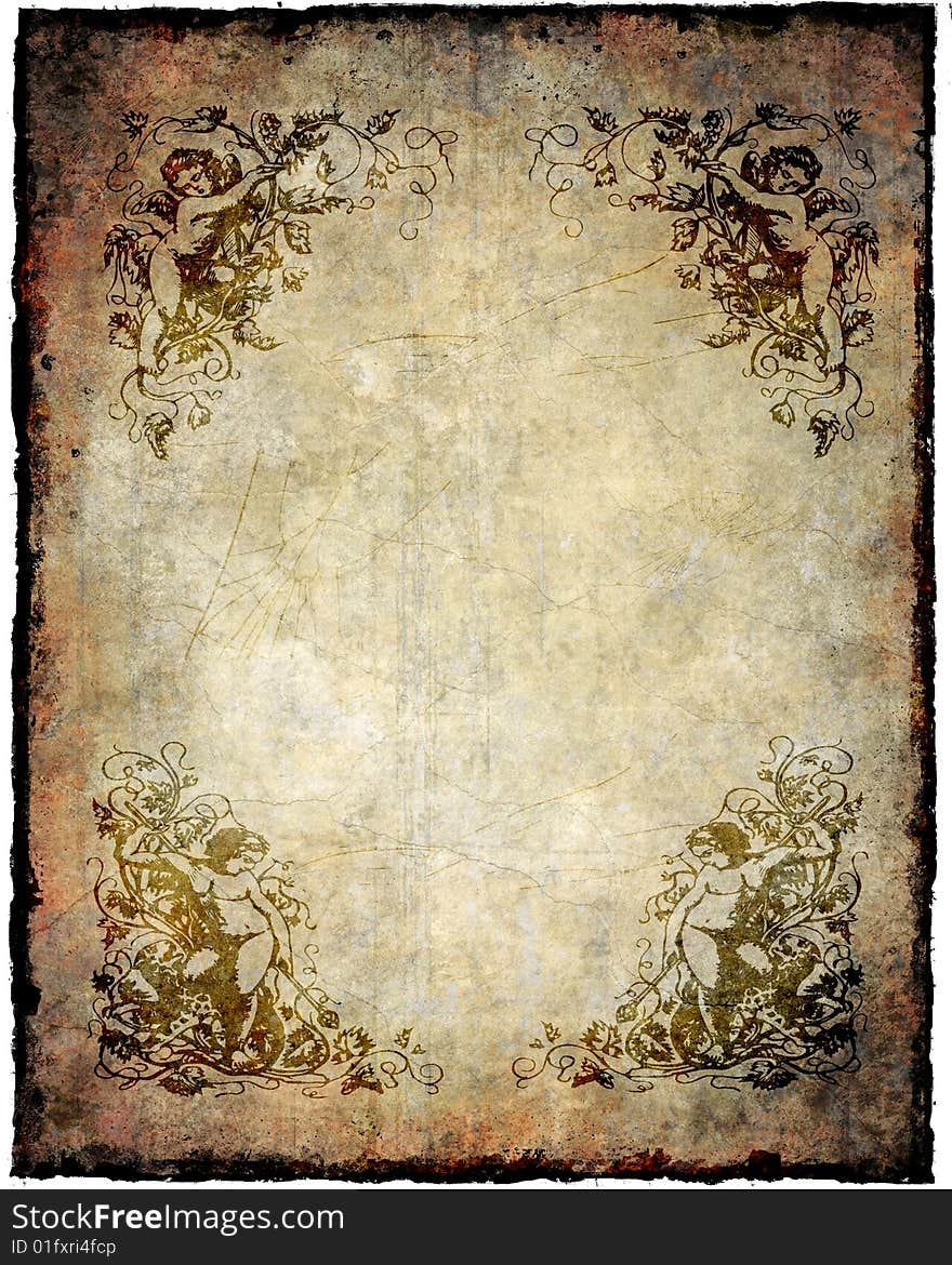 Abstract grunge background with floral, stains, cracks, filigree