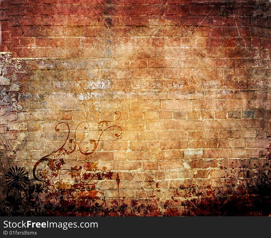 Abstract grunge background with floral, stains, cracks, filigree