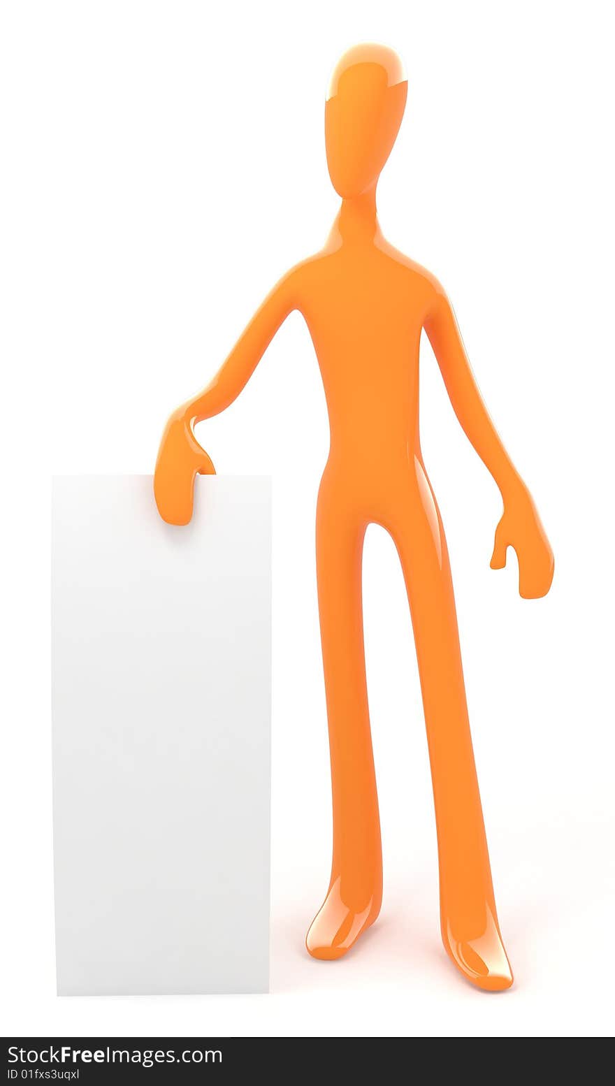 3d orange isolated person holds blank board