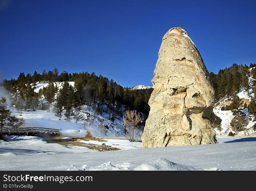 Liberty Cap (a dormant hot spring cone) at Mammoth Hot Springs in Yellowstone National Park.