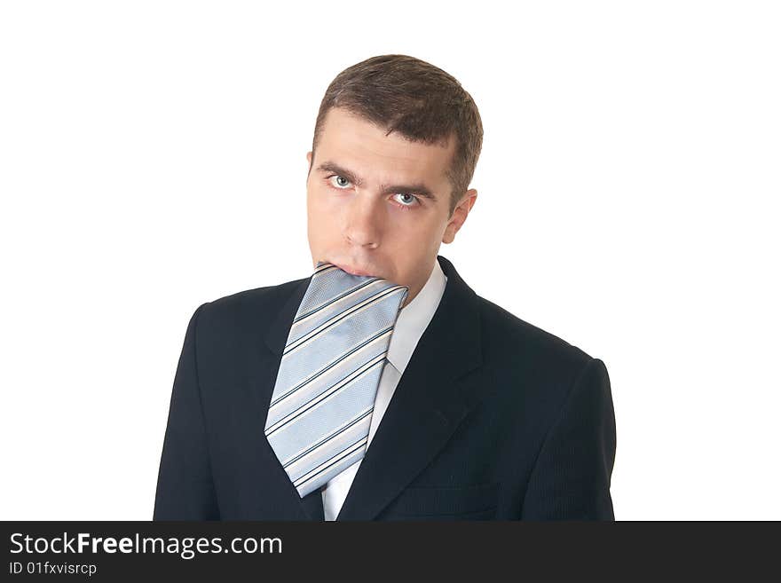 Thoughtful young man on the white background