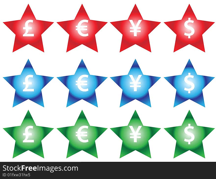 Currency signs on different colors, on star shapes. Eps8, vector, easy resizing or change colors.