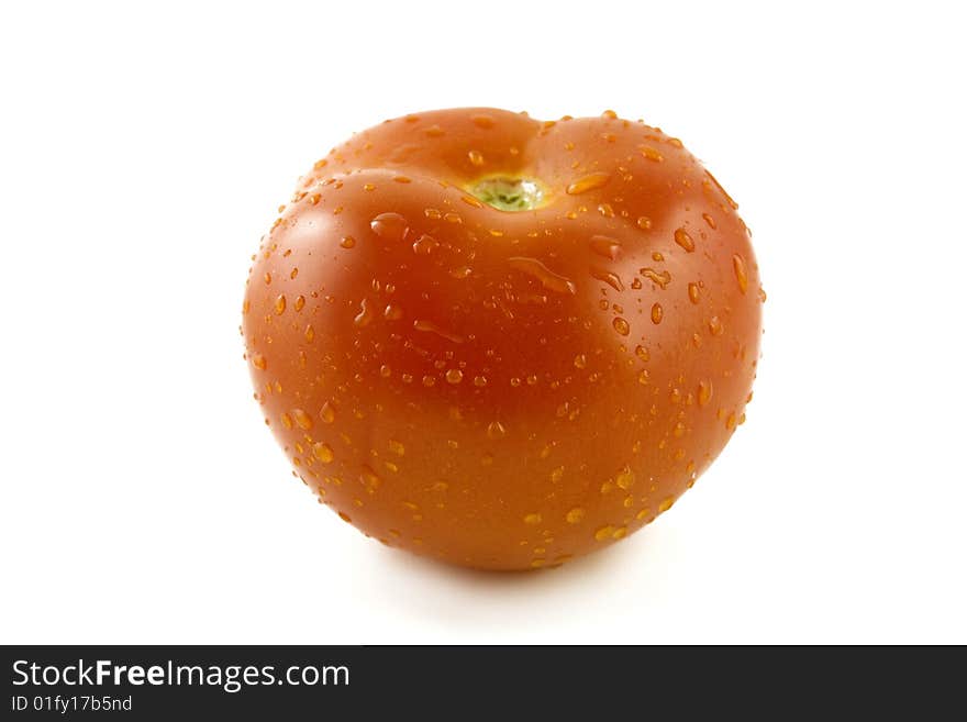 Fresh tomato in water droplets on white background