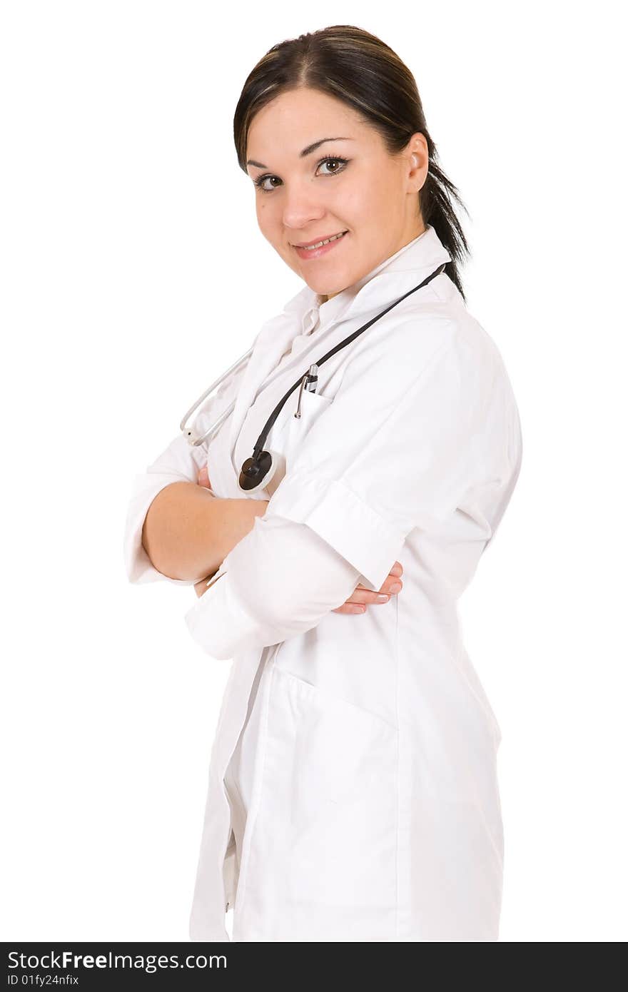 Attractive brunette doctor over white background. Attractive brunette doctor over white background