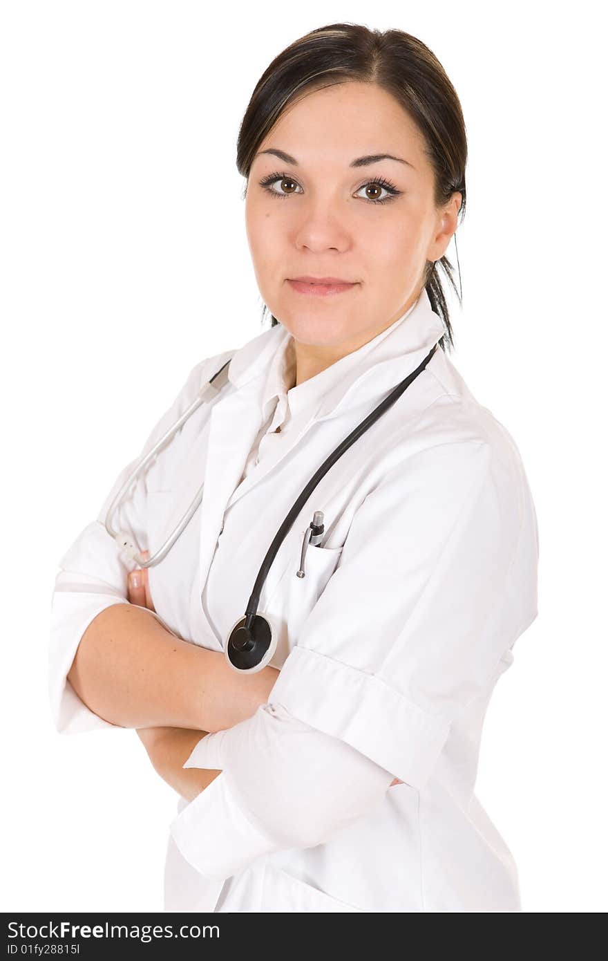 Attractive brunette doctor over white background. Attractive brunette doctor over white background