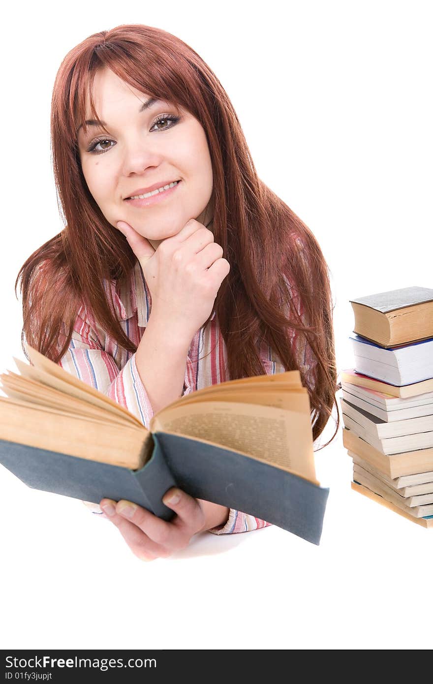 Attractive woman reading book. over white background