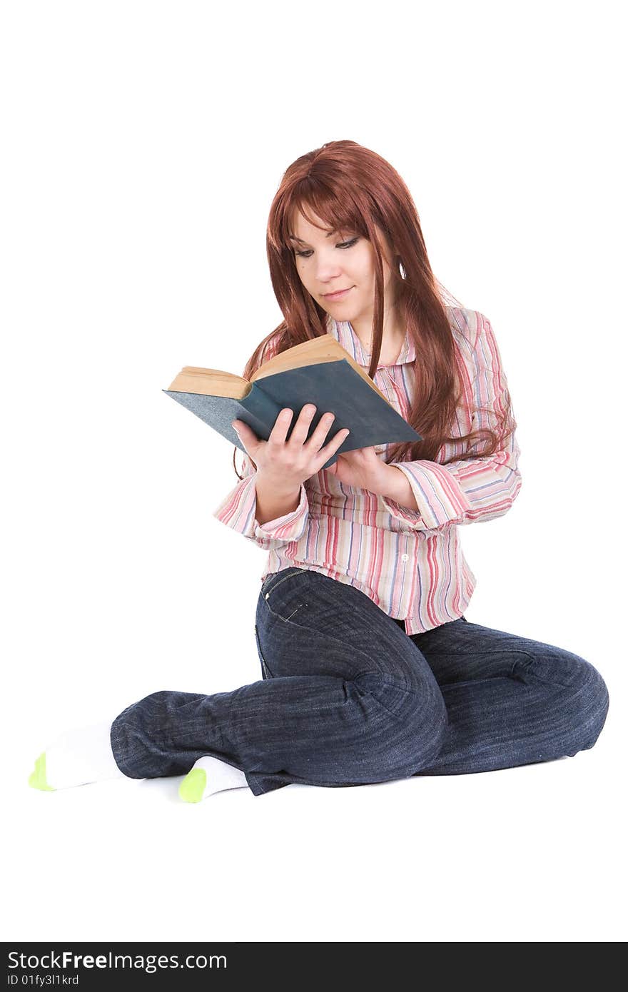 Attractive woman reading book. over white background