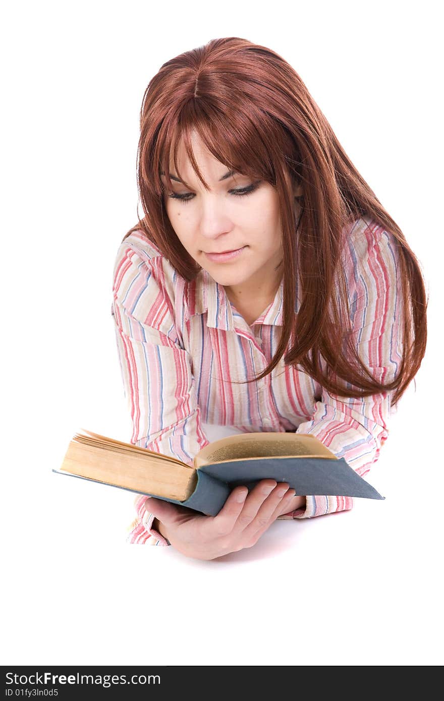 Attractive woman reading book. over white background