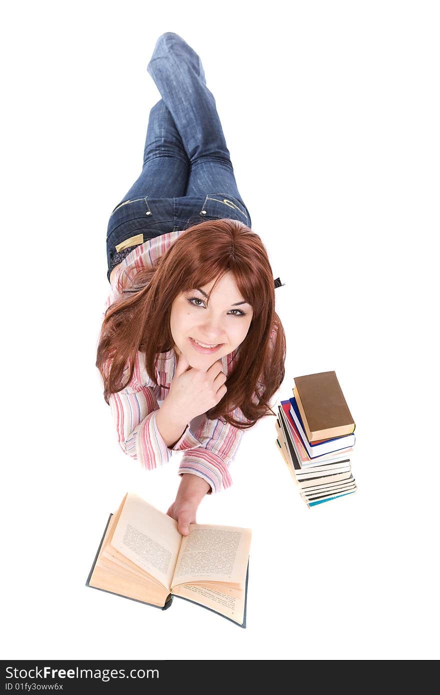 Attractive woman reading book. over white background