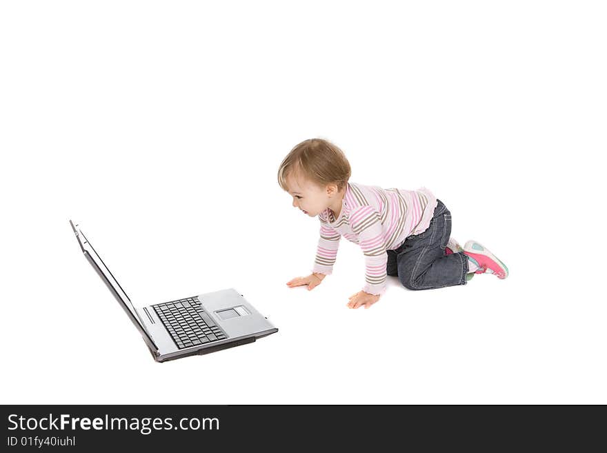 Cute baby girl with laptop on white background. Cute baby girl with laptop on white background