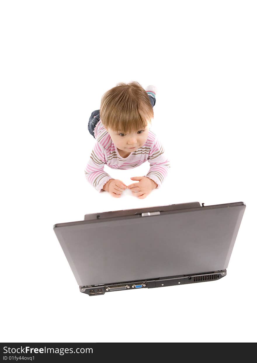 Cute baby girl with laptop on white background. Cute baby girl with laptop on white background