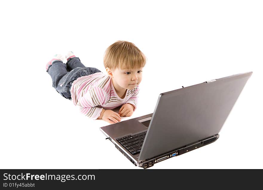 Cute baby girl with laptop on white background. Cute baby girl with laptop on white background