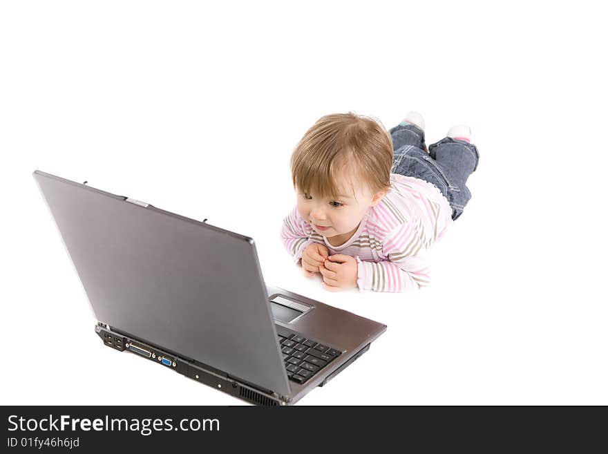 Cute baby girl with laptop on white background. Cute baby girl with laptop on white background