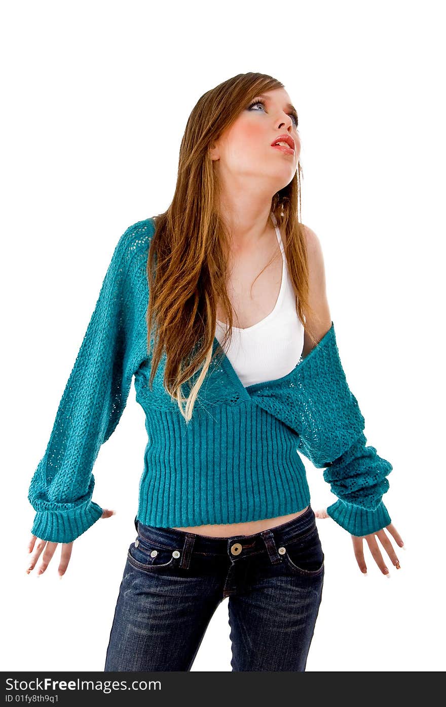 Front view of happy young woman on an isolated white background