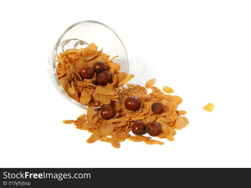 Cornflakes and nuts in bowl