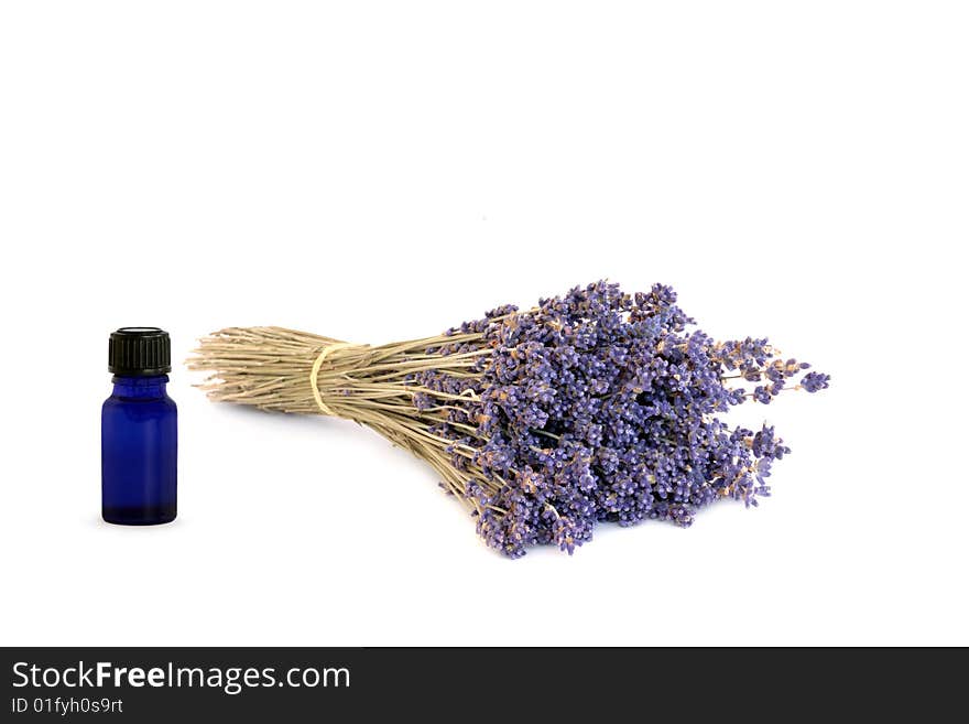 Dried lavender herb flowers with blue essential oil glass bottle over white background.