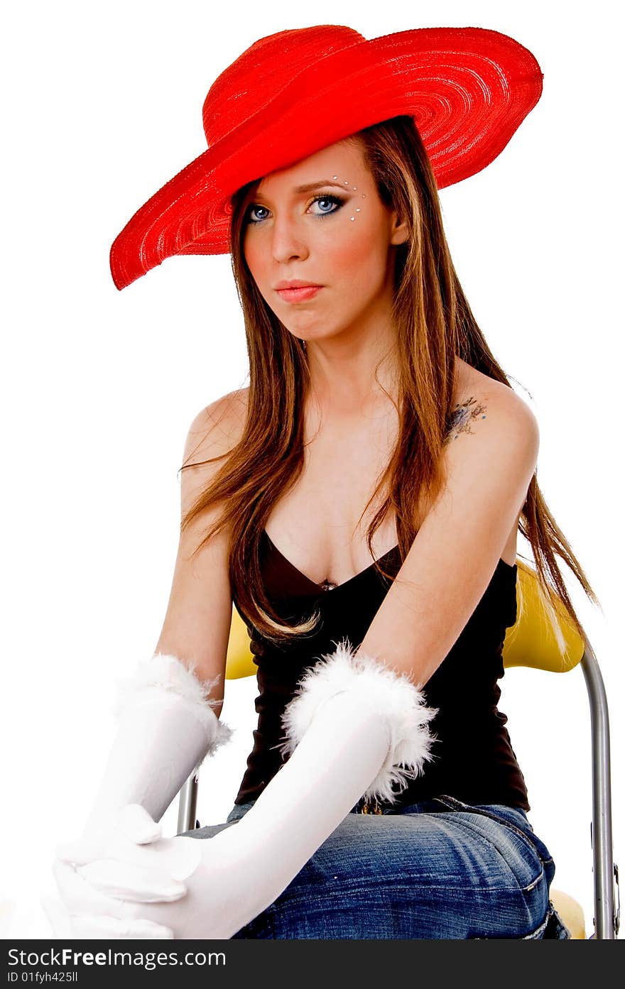 Front view of young woman wearing hat with white background