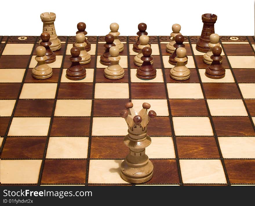 Chess king in front of pawn army