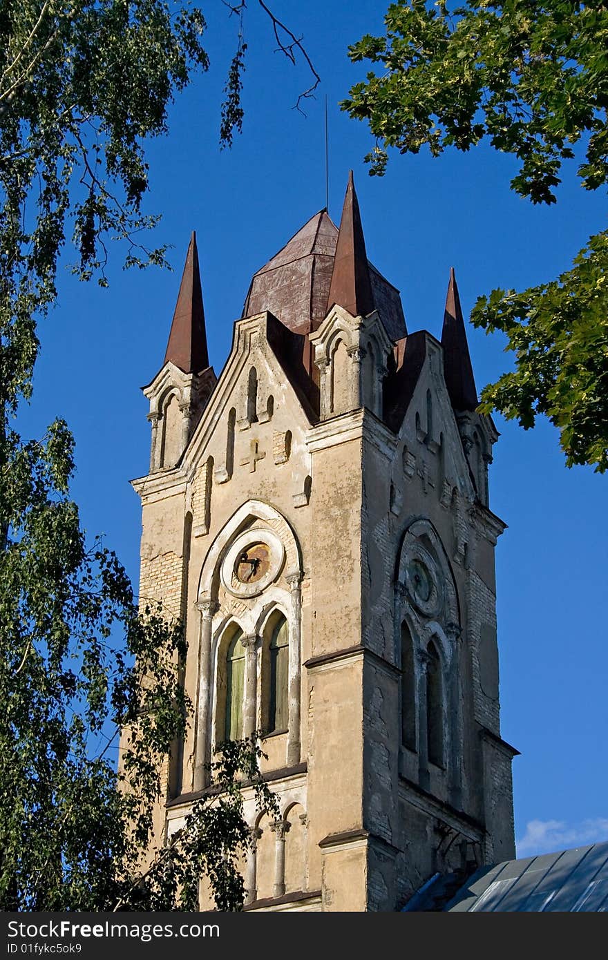 The old church on blue background