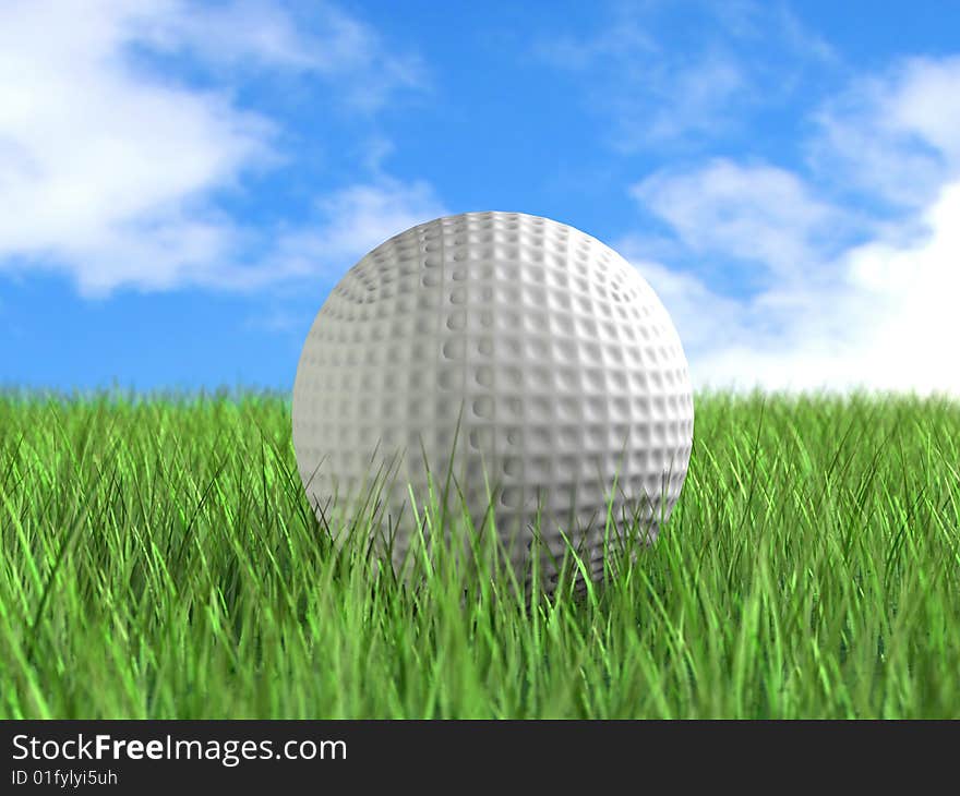 Illustration of golf ball laying in green grass under blue sky. Illustration of golf ball laying in green grass under blue sky