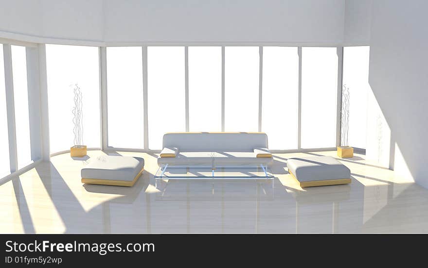 Interior of a living room with high windows, sofa, chairs and table. Interior of a living room with high windows, sofa, chairs and table