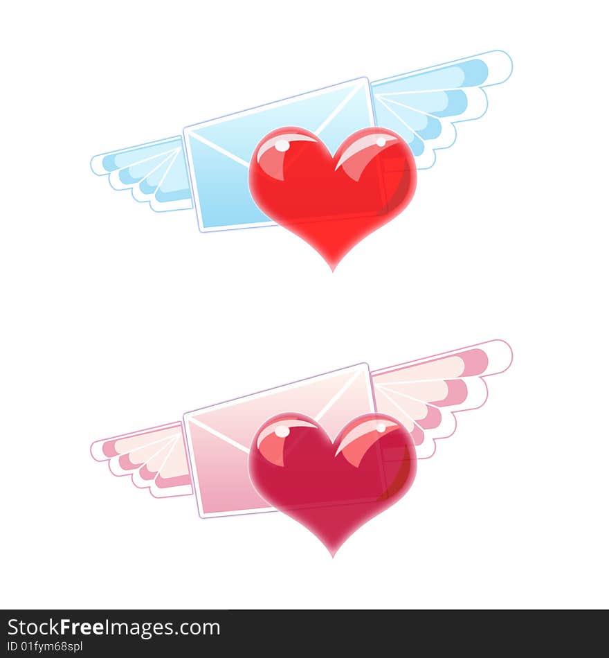 Two love letters of blue and pink colors with wings and heart on white background