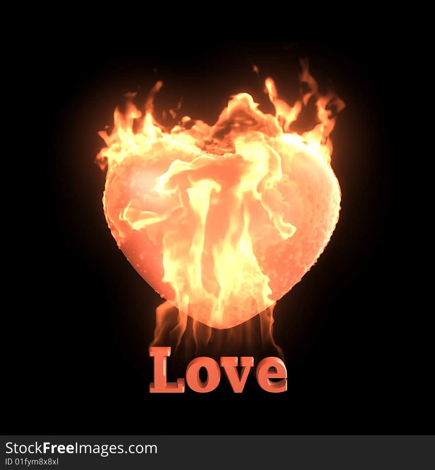 Red burning heart with world Love at the bottom of back background. Red burning heart with world Love at the bottom of back background