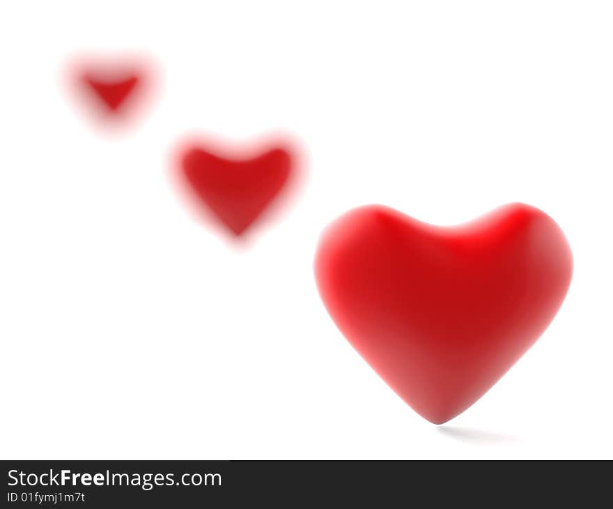 Three 3d red hearts in diagonal line on white background. Three 3d red hearts in diagonal line on white background