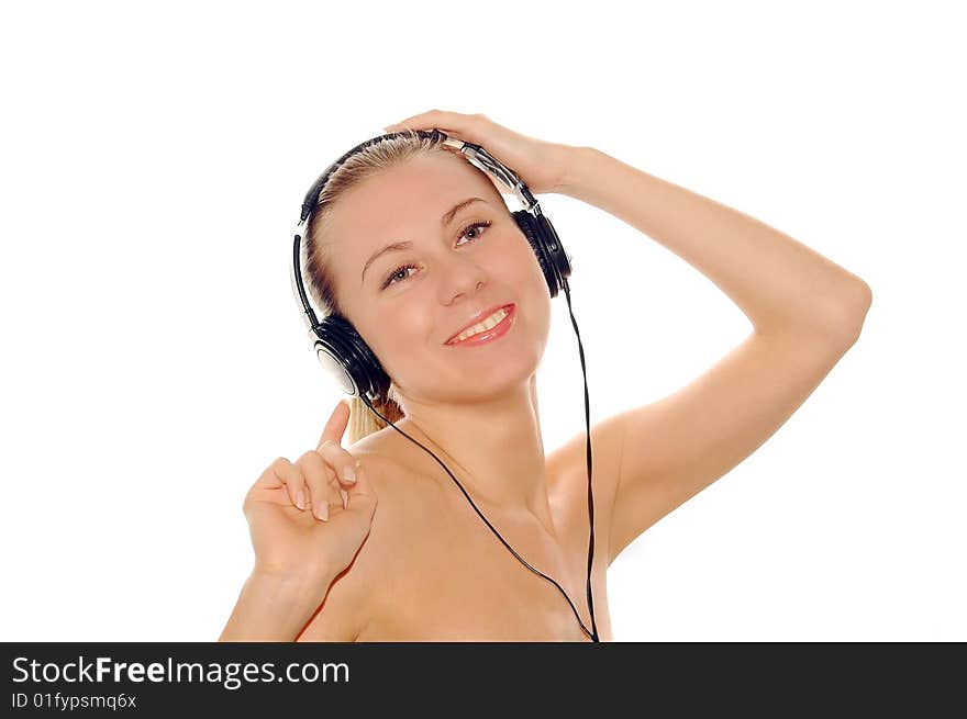 Portrait of happiness sexy young women with beautiful face in headphones and listening music on white. Portrait of happiness sexy young women with beautiful face in headphones and listening music on white