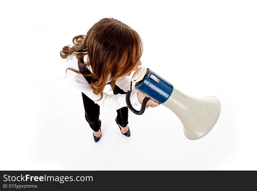 Top view of woman shouting into loudspeaker