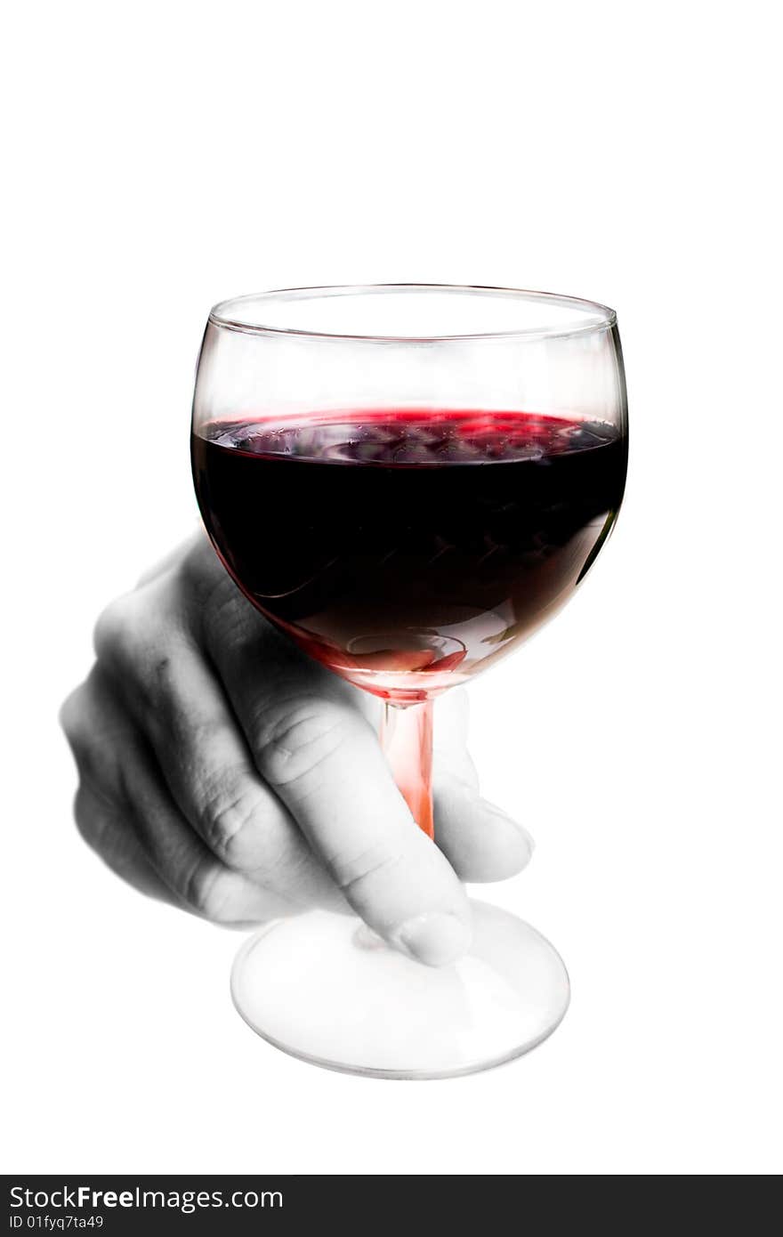 A hand holding a glass of red wine on white. A hand holding a glass of red wine on white