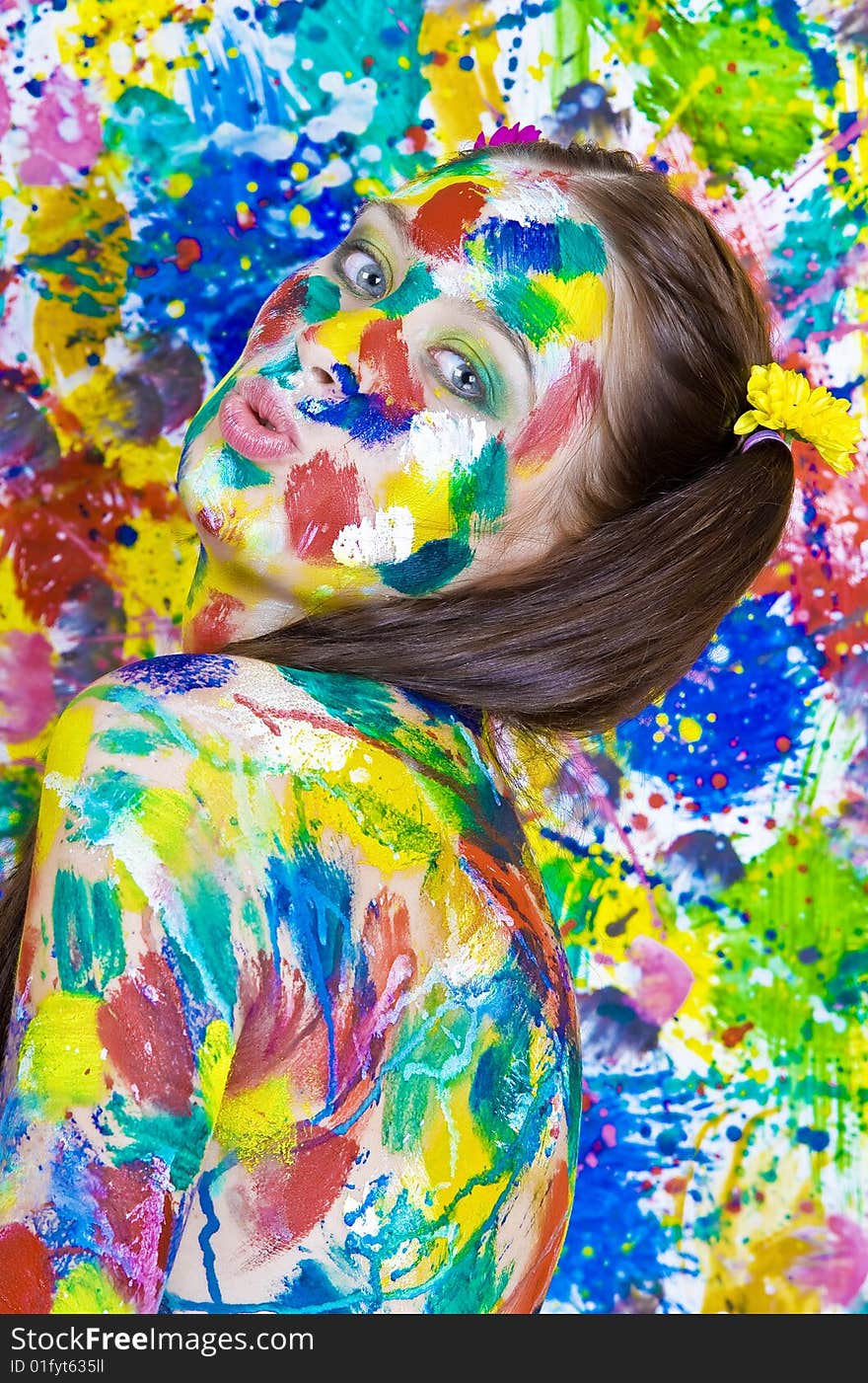 Portrait of young attractive woman on colored background