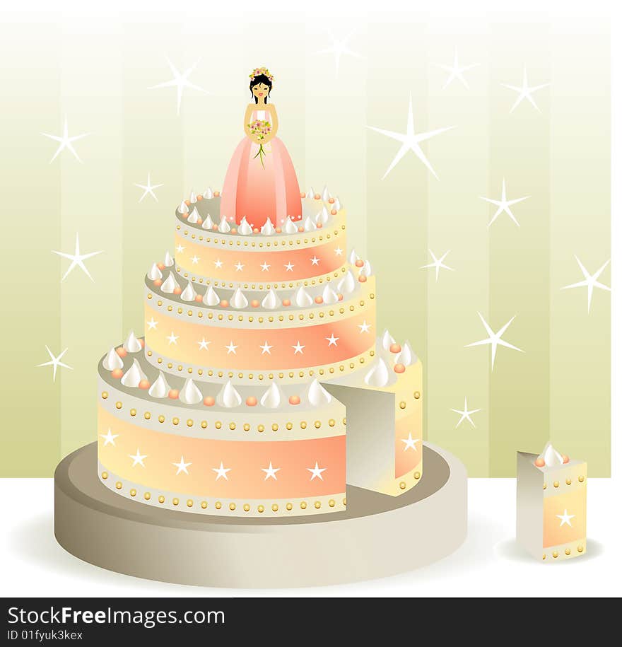 Celebration cake of three levels with doll teenager and a piece of cake. Celebration cake of three levels with doll teenager and a piece of cake